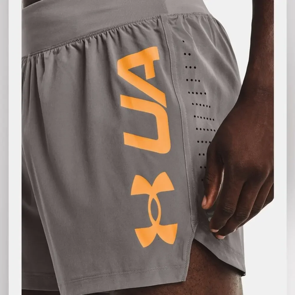 MENS UNDER ARMOUR Grey Grey Orange Logo Gym Zip Pocket Running Short Shorts S